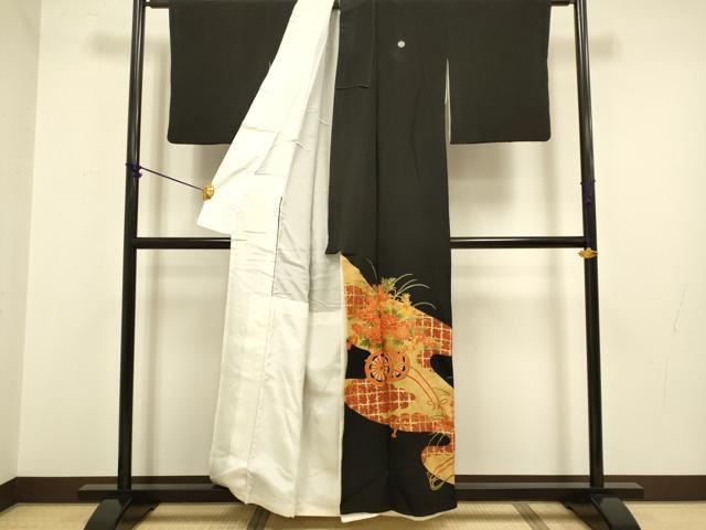 平和屋着物■豪華黒留袖　駒刺繍　花車文　金彩　正絹　逸品　DABA8815du