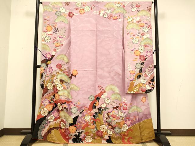 平和屋着物●紫綬褒章　巨匠『岩田専太郎』　振袖　駒刺繍　立波梅松文　暈し染め　金彩　正絹　逸品　DABA8887du