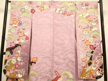 平和屋着物●紫綬褒章　巨匠『岩田専太郎』　振袖　駒刺繍　立波梅松文　暈し染め　金彩　正絹　逸品　DABA8887du