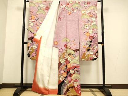 平和屋着物●紫綬褒章　巨匠『岩田専太郎』　振袖　駒刺繍　立波梅松文　暈し染め　金彩　正絹　逸品　DABA8887du