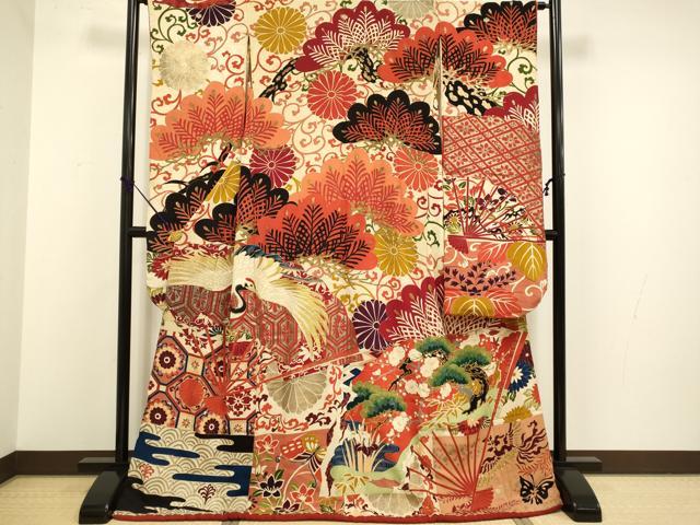 平和屋着物●アンティーク 大正ロマン 振袖 刺繍 扇面飛鶴花松文 金彩 正絹 逸品 DABA8965du