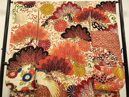 平和屋着物●アンティーク 大正ロマン 振袖 刺繍 扇面飛鶴花松文 金彩 正絹 逸品 DABA8965du