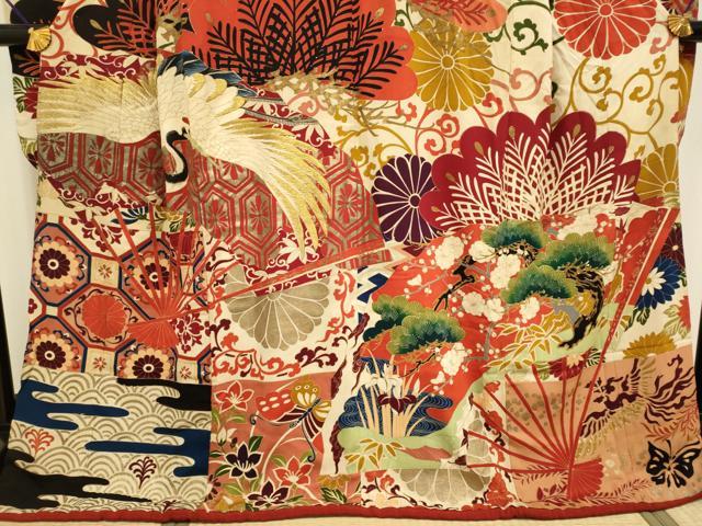 平和屋着物●アンティーク 大正ロマン 振袖 刺繍 扇面飛鶴花松文 金彩 正絹 逸品 DABA8965du