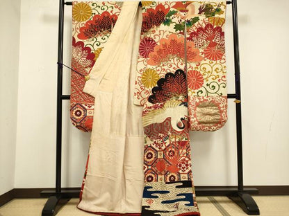 平和屋着物●アンティーク 大正ロマン 振袖 刺繍 扇面飛鶴花松文 金彩 正絹 逸品 DABA8965du