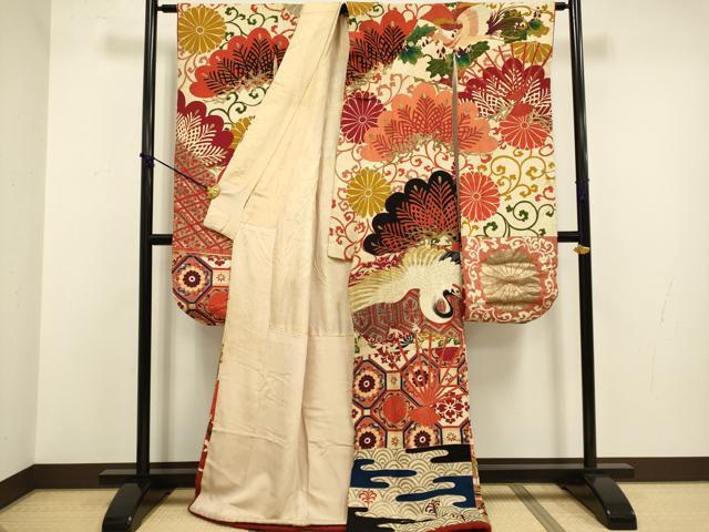 平和屋着物●アンティーク 大正ロマン 振袖 刺繍 扇面飛鶴花松文 金彩 正絹 逸品 DABA8965du