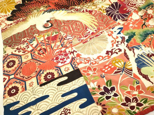 平和屋着物●アンティーク 大正ロマン 振袖 刺繍 扇面飛鶴花松文 金彩 正絹 逸品 DABA8965du