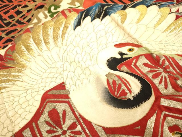 平和屋着物●アンティーク 大正ロマン 振袖 刺繍 扇面飛鶴花松文 金彩 正絹 逸品 DABA8965du