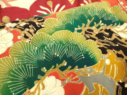 平和屋着物●アンティーク 大正ロマン 振袖 刺繍 扇面飛鶴花松文 金彩 正絹 逸品 DABA8965du