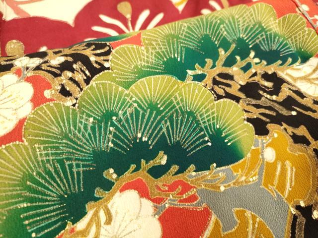 平和屋着物●アンティーク 大正ロマン 振袖 刺繍 扇面飛鶴花松文 金彩 正絹 逸品 DABA8965du