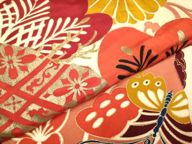 平和屋着物●アンティーク 大正ロマン 振袖 刺繍 扇面飛鶴花松文 金彩 正絹 逸品 DABA8965du