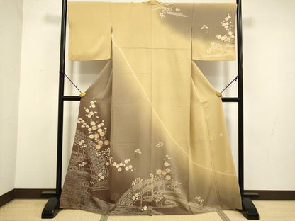 平和屋着物●十日町 名門 滝泰謹製 訪問着 絞り 渡り橋花文 暈し染め 金銀彩 正絹 逸品 DABA8977du