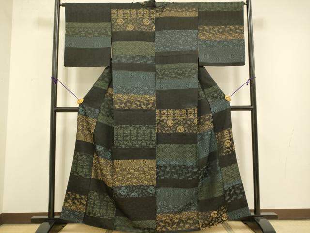 平和屋着物●上質なお召　天目織　横段吉祥花文　正絹　逸品　DABA8980du