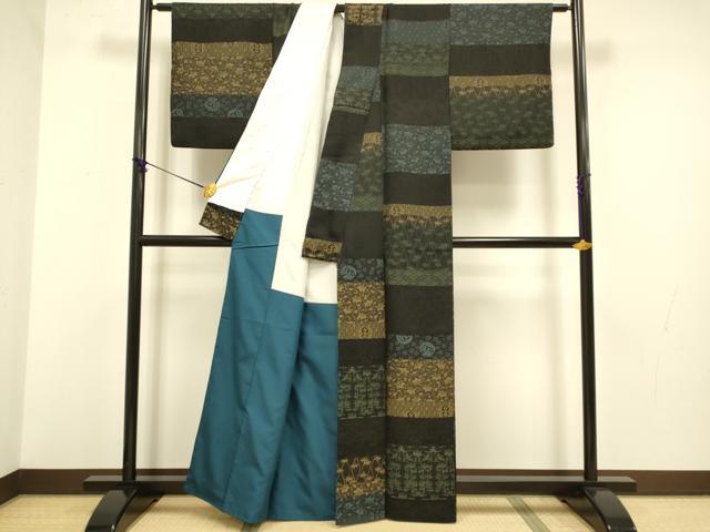 平和屋着物●上質なお召　天目織　横段吉祥花文　正絹　逸品　DABA8980du
