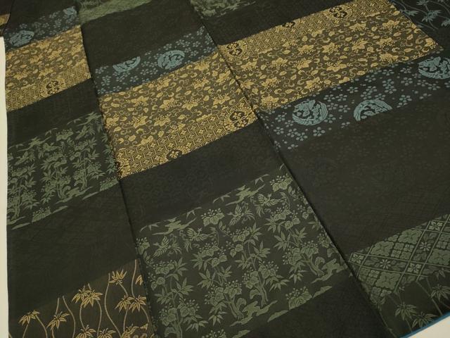 平和屋着物●上質なお召　天目織　横段吉祥花文　正絹　逸品　DABA8980du
