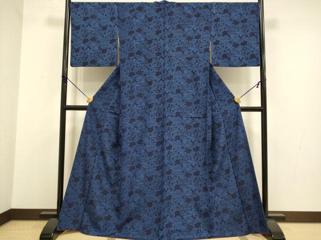 平和屋着物●上質な小紋 紬地 型絵染 藍 流水花文 正絹 逸品 DABA8989du