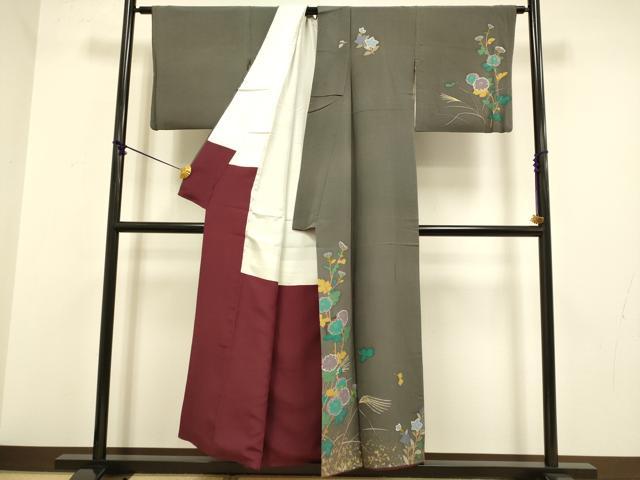 平和屋着物●吉澤友禅 三代目 吉田箕助 訪問着 草花文 飛び兎 金彩 正絹 逸品 DABA8990du