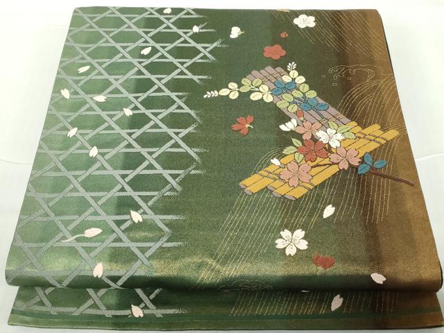 平和屋着物◎両面 六通柄袋帯 唐織 花筏文 金糸 正絹 逸品 DABA9007qa
