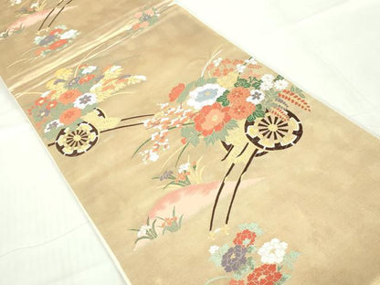 平和屋着物◎六通柄袋帯 花車文 金糸 引箔 正絹 逸品 DABA9009qa