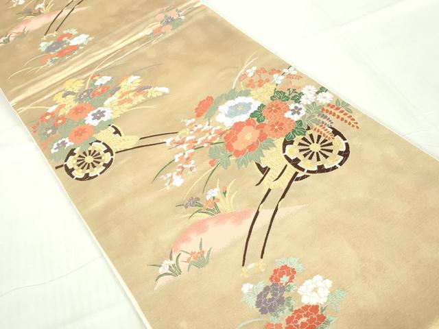平和屋着物◎六通柄袋帯 花車文 金糸 引箔 正絹 逸品 DABA9009qa