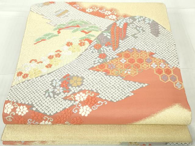 平和屋着物◎綴れ 太鼓柄袋帯 唐織 重ね山枝松花文 金銀糸 正絹 逸品 DABA9014qa