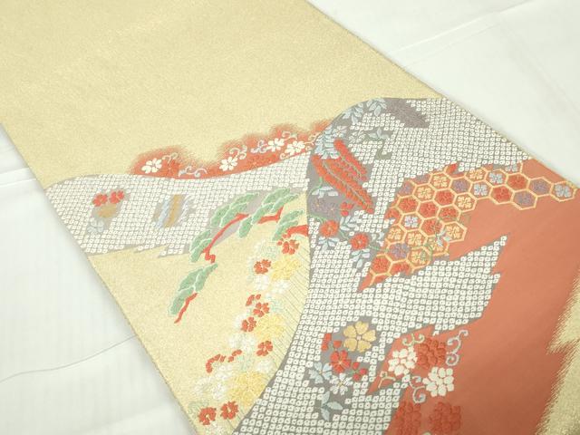 平和屋着物◎綴れ 太鼓柄袋帯 唐織 重ね山枝松花文 金銀糸 正絹 逸品 DABA9014qa