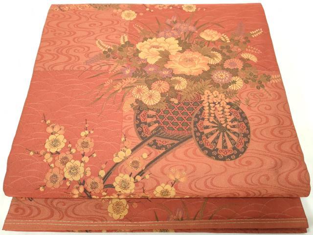 平和屋着物◎山喜織物謹製　萬葉　紹巴　全通柄袋帯　花車文　正絹　逸品　DABA9016qa