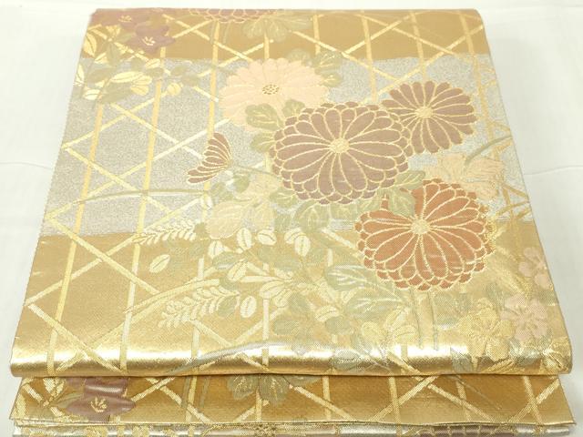 平和屋着物◎佐賀錦 六通柄袋帯 横段草花文 金糸 正絹 逸品 DABA9032qa