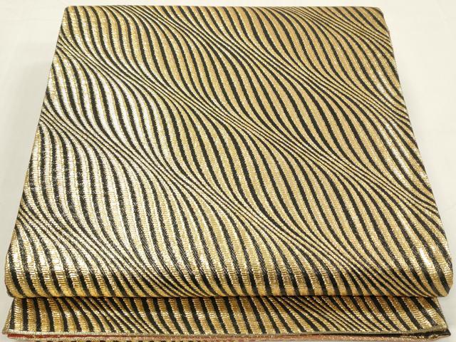 平和屋着物◎全通柄袋帯 よろけ縞 黒地 金糸 正絹 逸品 DABA9091qa