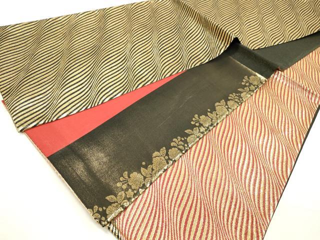 平和屋着物◎全通柄袋帯 よろけ縞 黒地 金糸 正絹 逸品 DABA9091qa