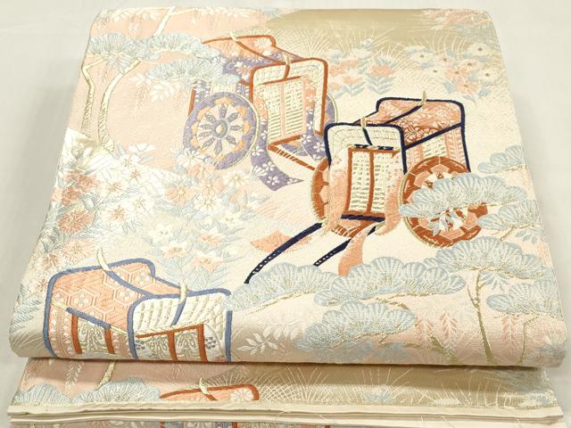 平和屋着物◎六通柄袋帯　唐織　四季草花御所車文　金糸　正絹　逸品　DABA9103qa