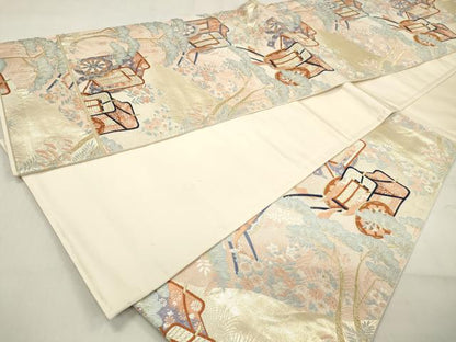 平和屋着物◎六通柄袋帯　唐織　四季草花御所車文　金糸　正絹　逸品　DABA9103qa
