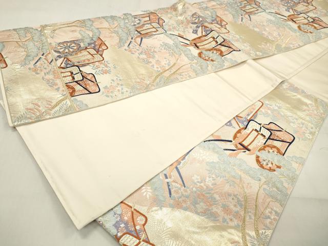 平和屋着物◎六通柄袋帯　唐織　四季草花御所車文　金糸　正絹　逸品　DABA9103qa