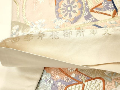 平和屋着物◎六通柄袋帯　唐織　四季草花御所車文　金糸　正絹　逸品　DABA9103qa