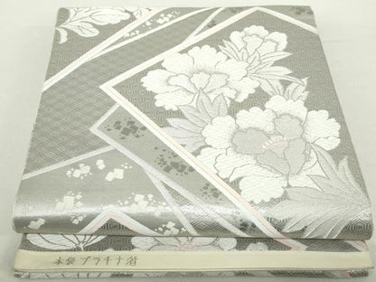 平和屋着物◎六通柄袋帯　唐織　重ね地紙草花文　本袋プラチナ箔　正絹　逸品　DABA9171qa