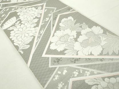 平和屋着物◎六通柄袋帯　唐織　重ね地紙草花文　本袋プラチナ箔　正絹　逸品　DABA9171qa