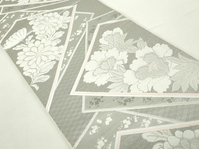 平和屋着物◎六通柄袋帯　唐織　重ね地紙草花文　本袋プラチナ箔　正絹　逸品　DABA9171qa