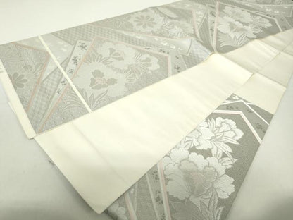 平和屋着物◎六通柄袋帯　唐織　重ね地紙草花文　本袋プラチナ箔　正絹　逸品　DABA9171qa