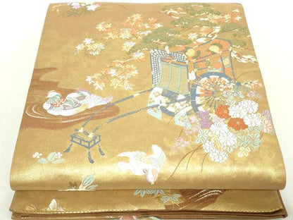 平和屋着物◎六通柄袋帯　唐織　御所解庭園紋　金糸　正絹　逸品　DABA9186qa