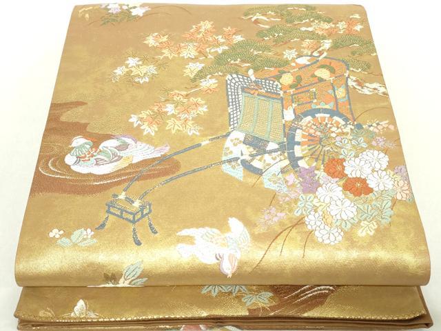 平和屋着物◎六通柄袋帯　唐織　御所解庭園紋　金糸　正絹　逸品　DABA9186qa