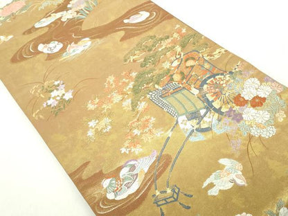 平和屋着物◎六通柄袋帯　唐織　御所解庭園紋　金糸　正絹　逸品　DABA9186qa