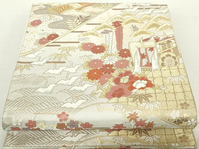 平和屋着物◎六通柄袋帯　唐織　御所車飛鶴花文　金銀糸　正絹　逸品　DABA9187qa