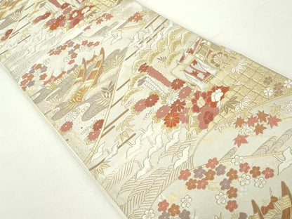 平和屋着物◎六通柄袋帯　唐織　御所車飛鶴花文　金銀糸　正絹　逸品　DABA9187qa