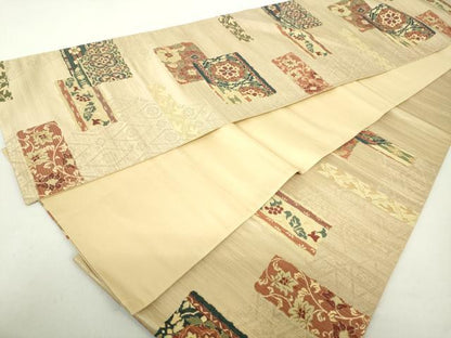 平和屋着物◎六通柄袋帯　唐織　横段更紗花文　京洛　金糸　正絹　逸品　DABA9191qa