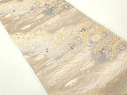 平和屋着物◎六通柄袋帯　立波草花文　金糸　正絹　逸品　DABA9216qa