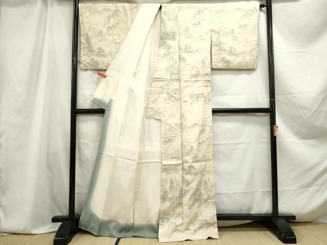平和屋着物■訪問着　紬地　手描き　風景文　暈し染め　正絹　逸品　DABA9282qa