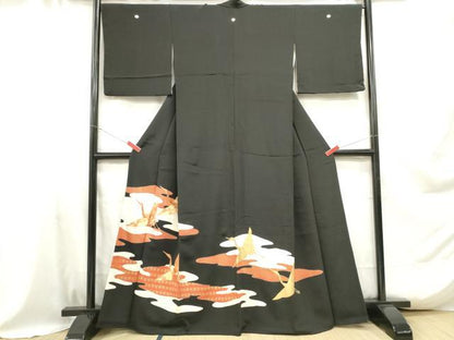 平和屋着物■豪華黒留袖　駒刺繍　飛鶴花文　金銀彩　正絹　逸品　DABA9382qa