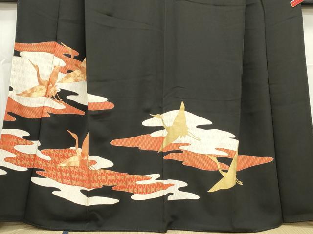 平和屋着物■豪華黒留袖　駒刺繍　飛鶴花文　金銀彩　正絹　逸品　DABA9382qa