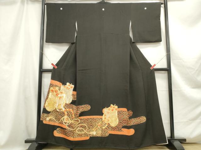 平和屋着物■豪華黒留袖　駒刺繍　御所車花文　金銀彩　正絹　逸品　DABA9401qa