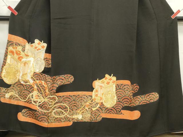 平和屋着物■豪華黒留袖　駒刺繍　御所車花文　金銀彩　正絹　逸品　DABA9401qa