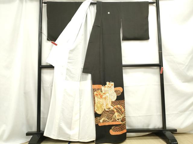 平和屋着物■豪華黒留袖　駒刺繍　御所車花文　金銀彩　正絹　逸品　DABA9401qa